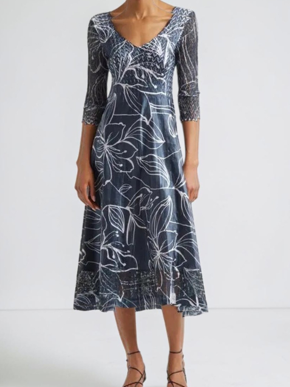 Komarov Lace Trim Charmeuse Floral A-Line Midi Cocktail Dress Size Med/8